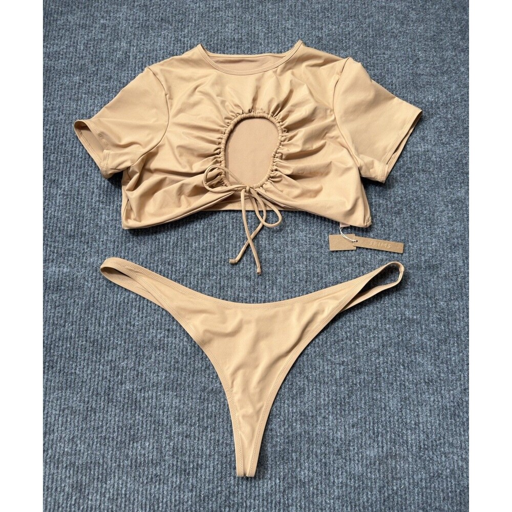 SKIMS Recycle Swim Size 4X Ruched T-Shirt Top Thong Bottom Bikini Set Ochre NEW